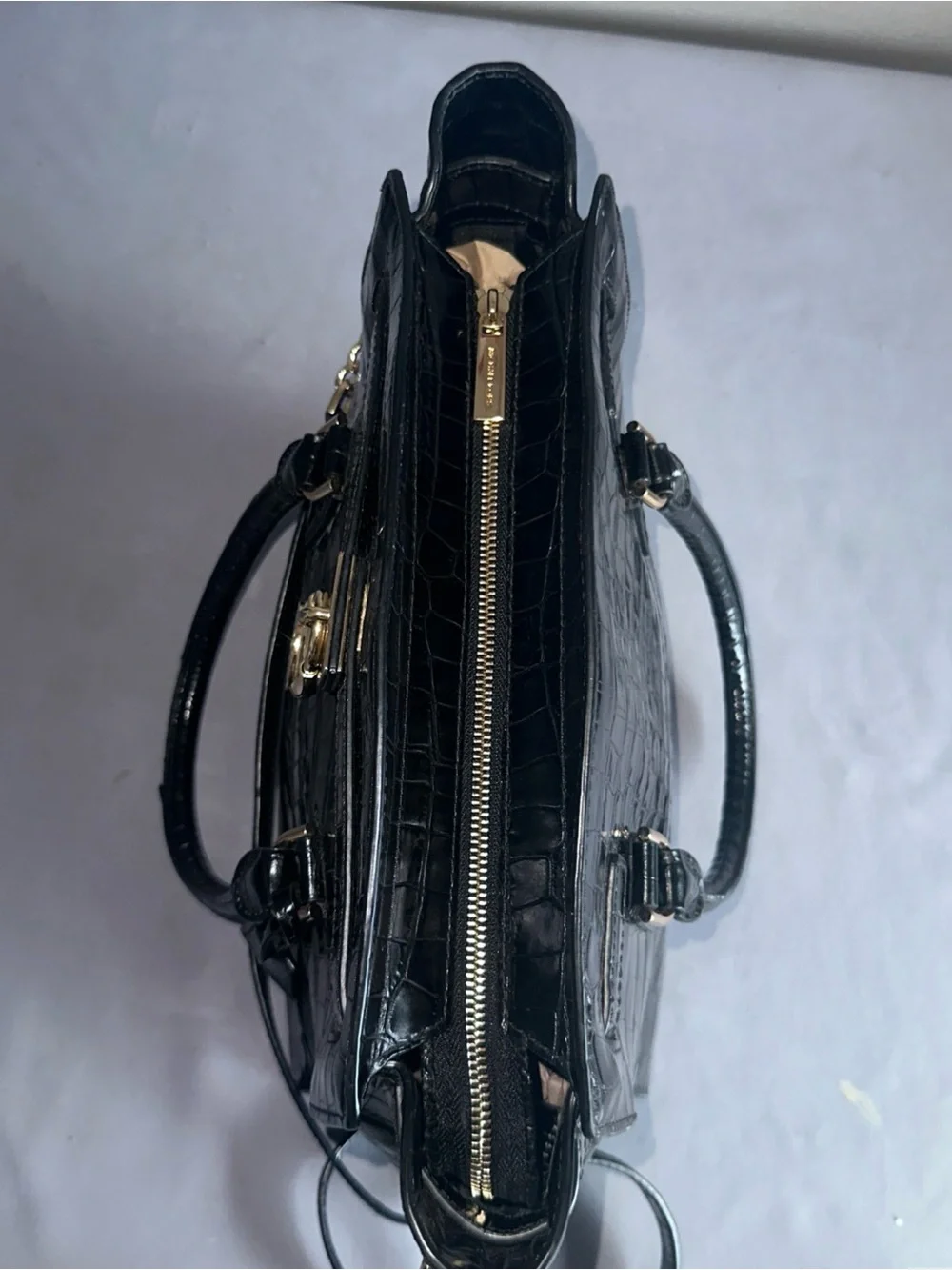 Michael Kors Black Croc-Embossed Satchel with Gold Hardware